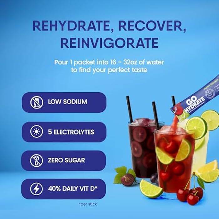GoHydrate باكيتات مسحوق الترطيب الفوري GoHydrate - مشروب إلكتروليت منخفض الصوديوم - دعم ترطيب طبيعي، مشروب مسحوق بنكهة إلكتروليت خالي من السكر مع فيتامين د، 10 باكيتات، مختلط - Image 2