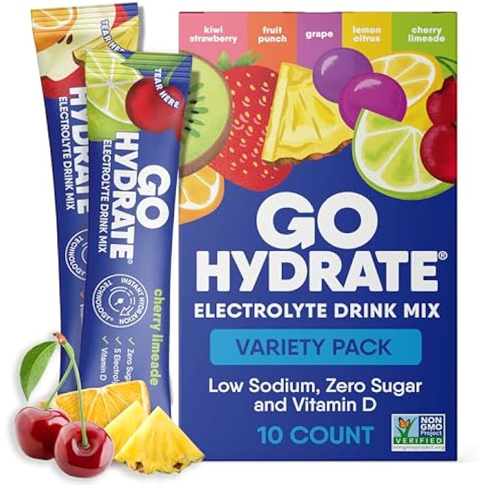 GoHydrate باكيتات مسحوق الترطيب الفوري GoHydrate - مشروب إلكتروليت منخفض الصوديوم - دعم ترطيب طبيعي، مشروب مسحوق بنكهة إلكتروليت خالي من السكر مع فيتامين د، 10 باكيتات، مختلط - Image 1