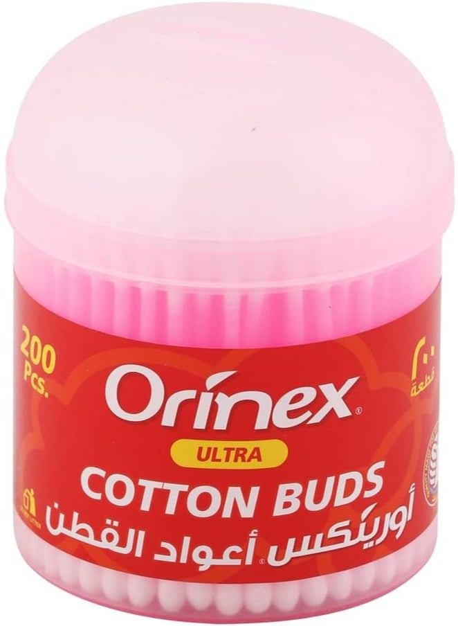 Orinex Ultra Cotton Buds 200 pcs - 100% Pure Cotton Swabs with Flexible Sticks for Gentle Personal Hygiene and First Aid