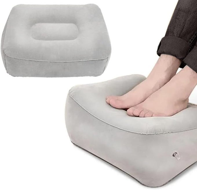 TRAVEL FOOT REST PILLOW SOFT FLOCKING PILLOW FLIGHTS RELAX CUSHION OTTOMANS LEG UP WITH AIR PUMP FOR OFFICE HOME RELAX CAMPING AND TRAVEL USE GRAY