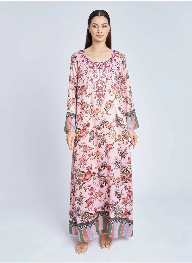 KASHKHA Digital Floral Print Jalabiya with Stone Work