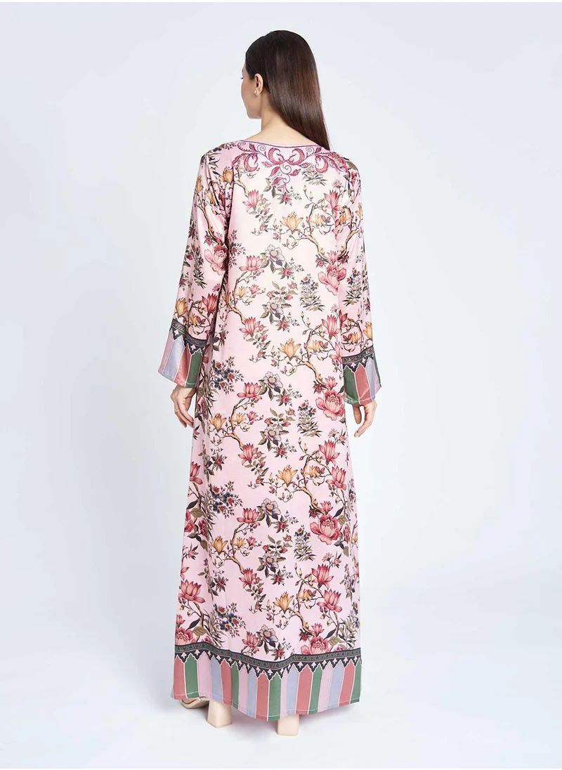 KASHKHA Digital Floral Print Jalabiya with Stone Work