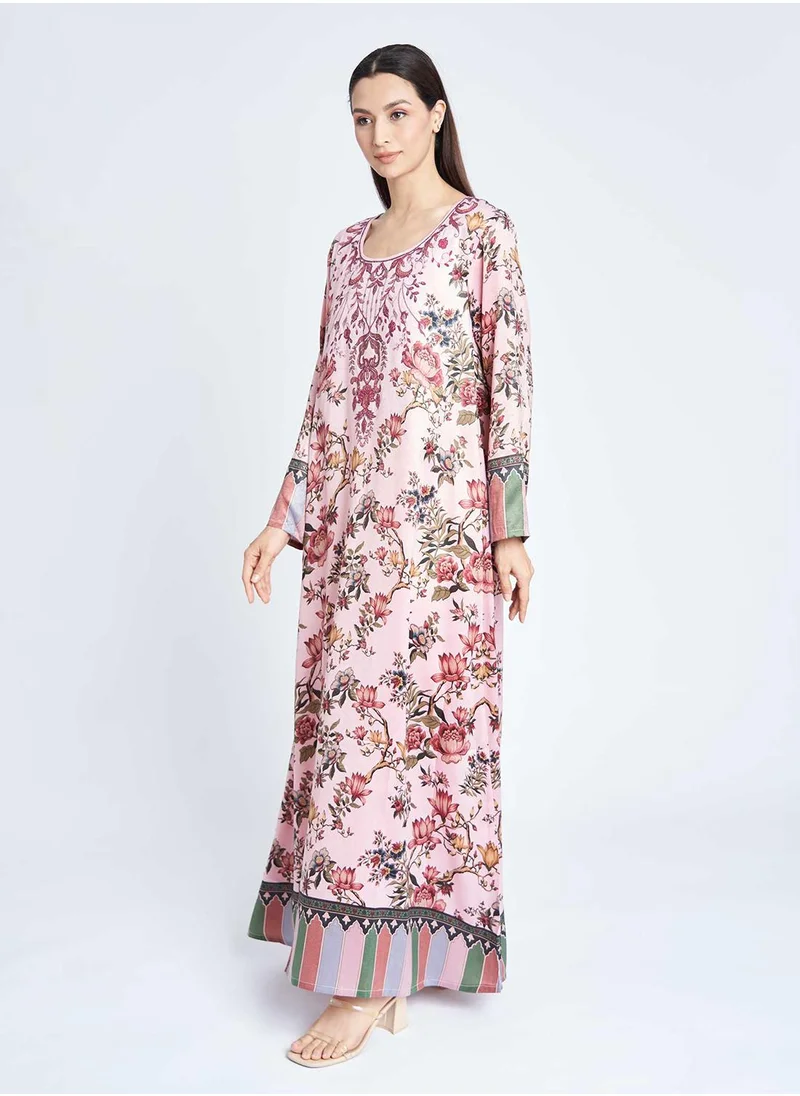 KASHKHA Digital Floral Print Jalabiya with Stone Work