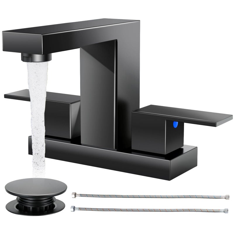 Cobbe Bathroom Faucets for Sink 3 Hole, Matte Black Bathroom Sink Faucet Square 4 Inch Centerset with Pop-Up Drain, 2 Handle and 2 Supply Hoses, Lead-Free Stainless Steel for Vanity, Rv, Farmhouse - Image 1
