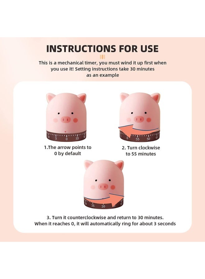 Cute Mechanical Kitchen Timer, 60-Minute Wind Up Dial, 360° Rotating Countdown Egg Reminder, No Batteries Loud Ring, Cute Time Management for Classroom, Home, Study and Cooking(Pink Pig)  - Image 3