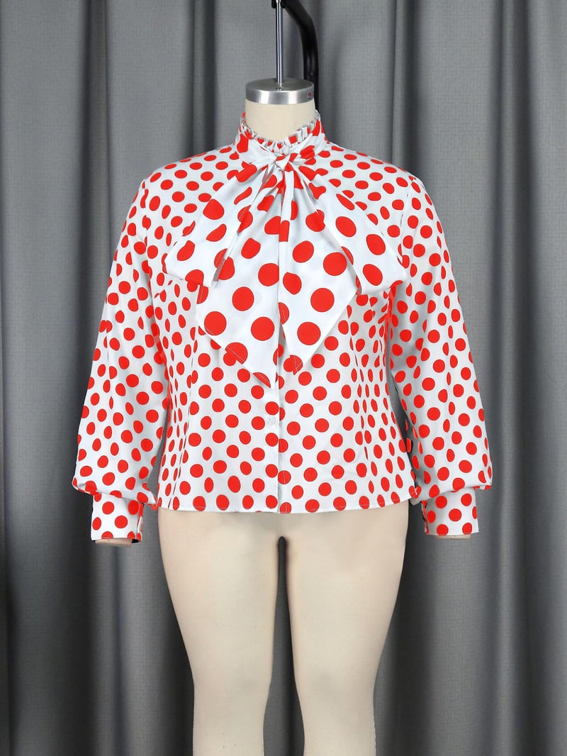 AOMEI Women's Bow Tied Neck Ruffle Trim Button Up Long Sleeve Workwear Shirts Blouse Black Polka Dot (Red,Medium) - Image 2