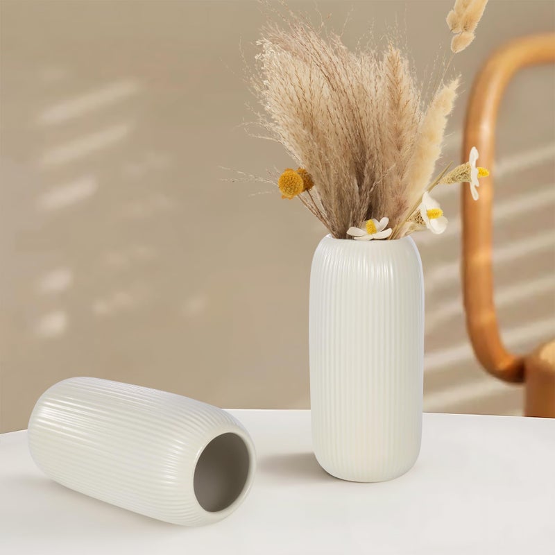 RIKBVOM Ceramic Vase for Flowers â€“ Modern Small Ribbed Textured Flower Vase for Home Decor, Pampas Grass, Decorative, Farmhouse, Coffee Table, Kitchen Centerpieces, Bookshelf and Home Living (Beige) - Image 3