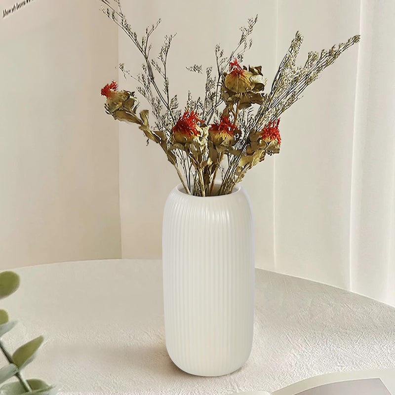 RIKBVOM Ceramic Vase for Flowers â€“ Modern Small Ribbed Textured Flower Vase for Home Decor, Pampas Grass, Decorative, Farmhouse, Coffee Table, Kitchen Centerpieces, Bookshelf and Home Living (Beige) - Image 2