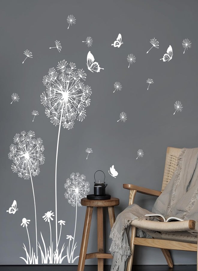 Supzone 2 Sheets Dandelion Wildflower Wall Decals Art, Wall Stickers Peel and Stick Floral Butterflies Flying Decor for Girls Kids Women Baby Nursery Living Room Bedroom Bathroom Hallway Stairwell (White) - Image 2