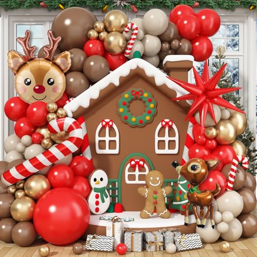 Froova Christmas Balloon Garland Arch Kit 128Pcs Reindeer Brown Red and Gold Balloon with Cane Star Foil Balloons for Christmas Winter Holiday Woodland Baby Shower Birthday Party Decorations - Image 1