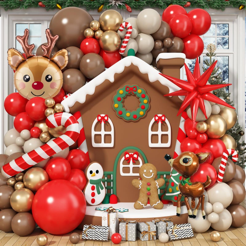 Froova Christmas Balloon Garland Arch Kit 128Pcs Reindeer Brown Red and Gold Balloon with Cane Star Foil Balloons for Christmas Winter Holiday Woodland Baby Shower Birthday Party Decorations - Image 3