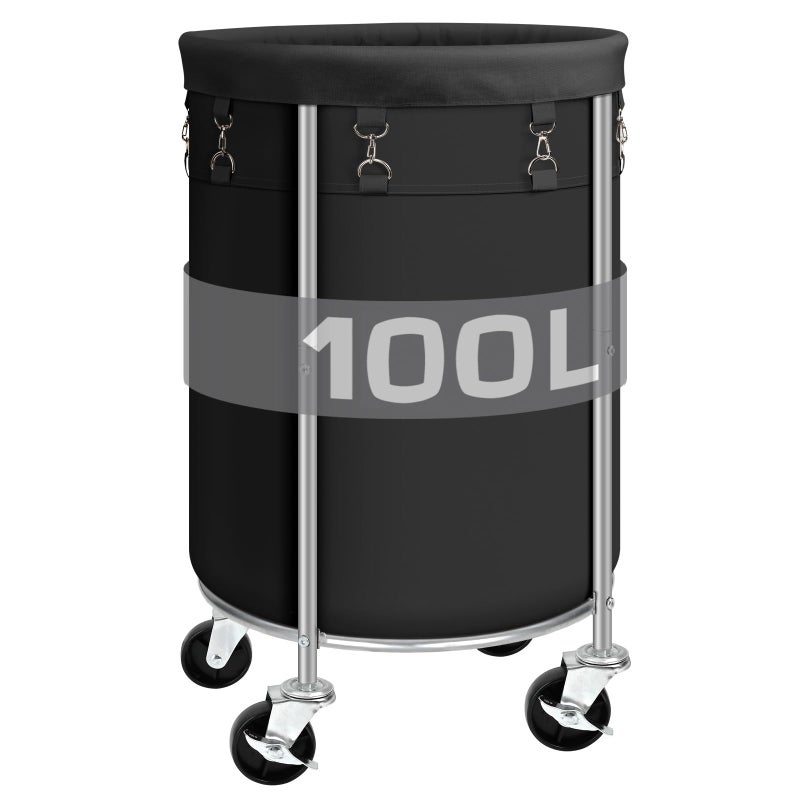 Laundry Hamper with Wheels 100L Round Rolling Laundry Basket Sorter with Removable Bag Clothes Cart Organizer with Steel Frame for Bedroom Bathroom Laundry Room Black