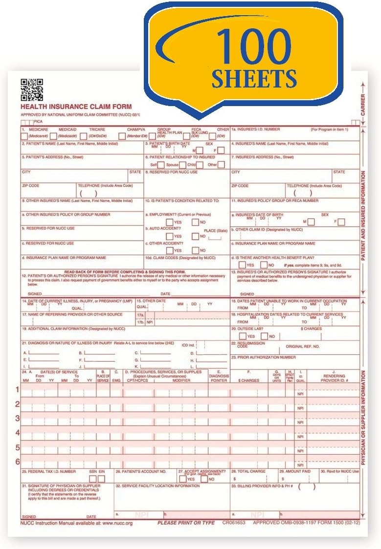 New CMS 1500 Claim Forms - HCFA (Version 02/12) (100 Sheets)
