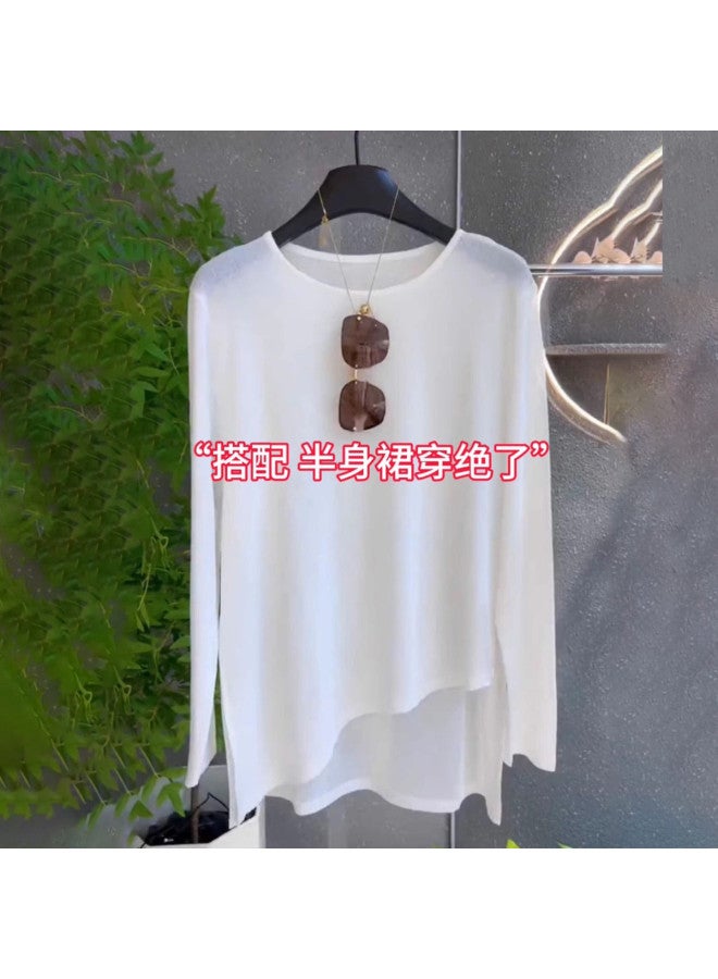Modal Minimalist Style Irregular Slit Ice Silk T-Shirt 2025 New Summer Fashion Versatile Round Neck Long Sleeve Top - Image 3
