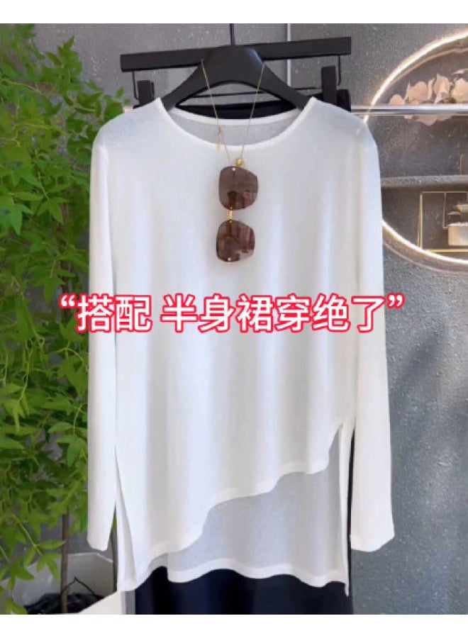 Modal Minimalist Style Irregular Slit Ice Silk T-Shirt 2025 New Summer Fashion Versatile Round Neck Long Sleeve Top - Image 1