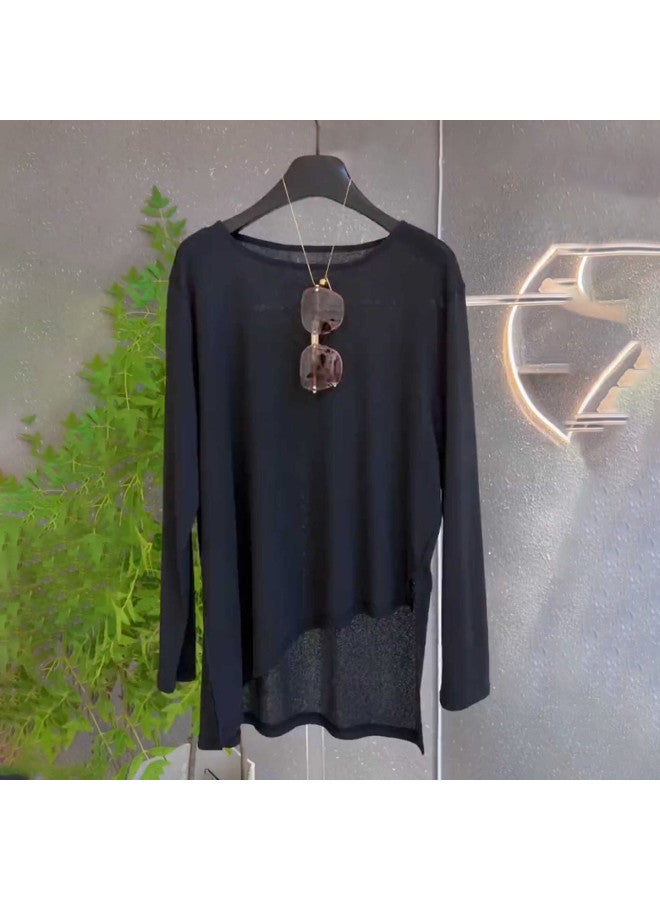 Modal Minimalist Style Irregular Slit Ice Silk T-Shirt 2025 New Summer Fashion Versatile Round Neck Long Sleeve Top - Image 4
