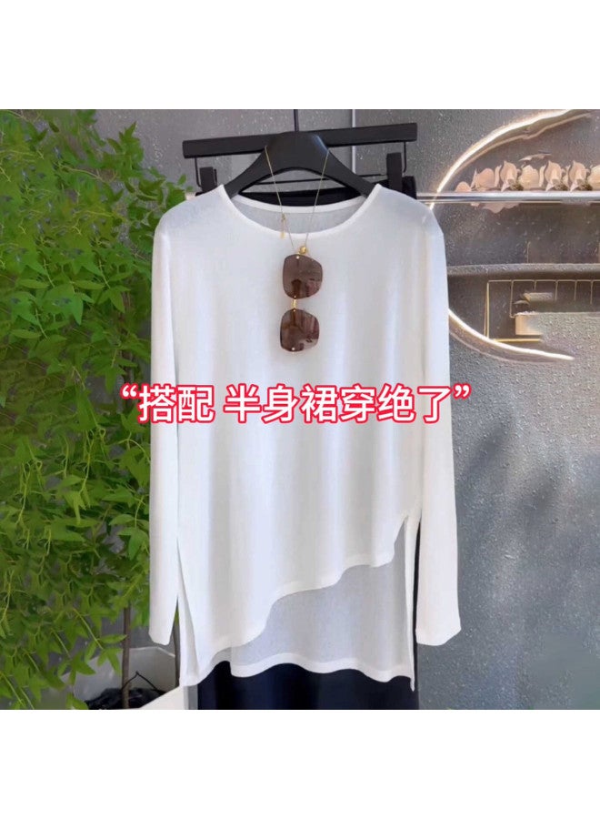Modal Minimalist Style Irregular Slit Ice Silk T-Shirt 2025 New Summer Fashion Versatile Round Neck Long Sleeve Top - Image 2