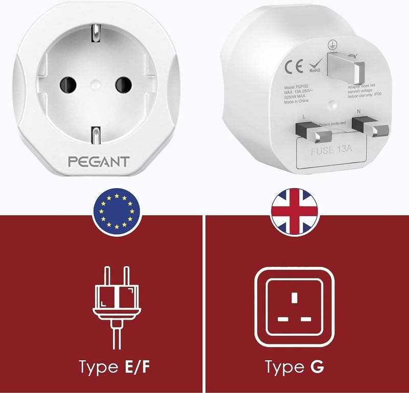 Rack friendly EU to UK Plug Travel Adapter, European Schuko to 3-pin Power Outlet Converter, Accepts Germany Spain France Greece Poland Turkey and more All-round well-engineered practical build - Image 2