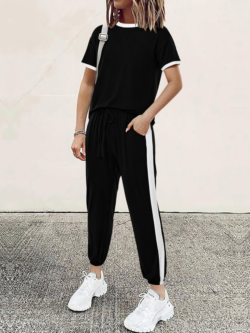 MASCOMODA Womens 2 Piece Outfits 2026 Summer Tracksuit Sets Short Sleeve Tops Travel Long Pants Jogger Lounge Set(Black,Large) - Image 3