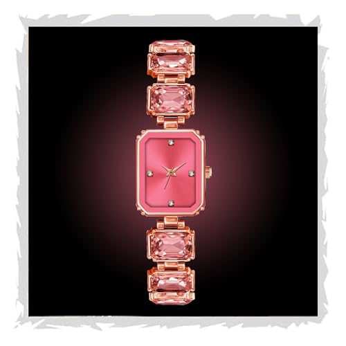 SWADESI STUFF Rectangular Dial Rose Gold Stainless Steel Quartz Watch for Women – 32mm Diamond Stone Studded Elegant Casual Wristwatch (Black & Pink Dial Options) (Pink) - Image 1