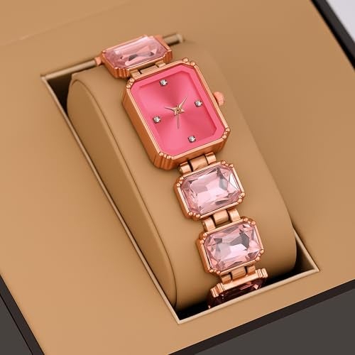 SWADESI STUFF Rectangular Dial Rose Gold Stainless Steel Quartz Watch for Women – 32mm Diamond Stone Studded Elegant Casual Wristwatch (Black & Pink Dial Options) (Pink) - Image 2