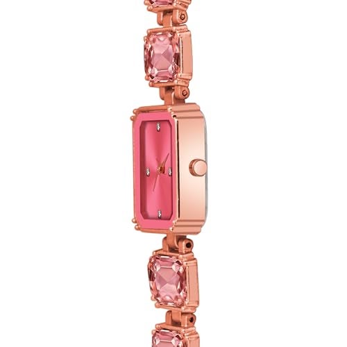 SWADESI STUFF Rectangular Dial Rose Gold Stainless Steel Quartz Watch for Women – 32mm Diamond Stone Studded Elegant Casual Wristwatch (Black & Pink Dial Options) (Pink) - Image 3