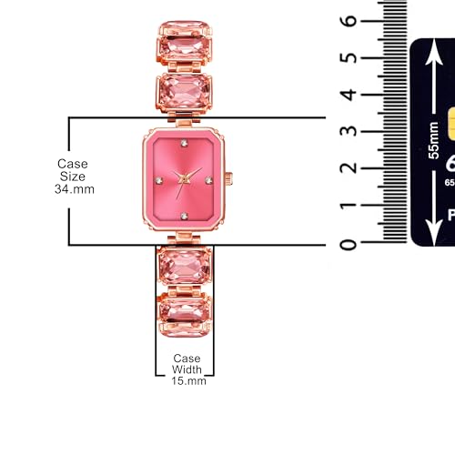 SWADESI STUFF Rectangular Dial Rose Gold Stainless Steel Quartz Watch for Women – 32mm Diamond Stone Studded Elegant Casual Wristwatch (Black & Pink Dial Options) (Pink) - Image 4