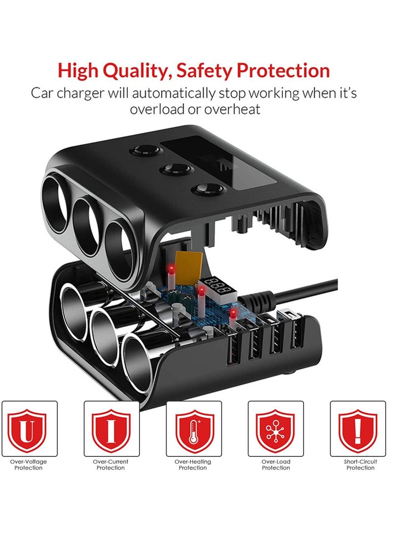 3 Socket Car Cigarette Lighter Adapter, 12V/24V 100W Splitter 3.1A 4 USB Port Charger with Separate Switch and LED Voltage Display for Mobile Phone