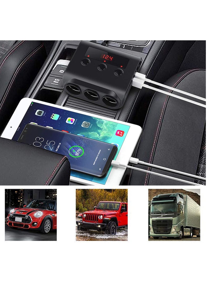3 Socket Car Cigarette Lighter Adapter, 12V/24V 100W Splitter 3.1A 4 USB Port Charger with Separate Switch and LED Voltage Display for Mobile Phone