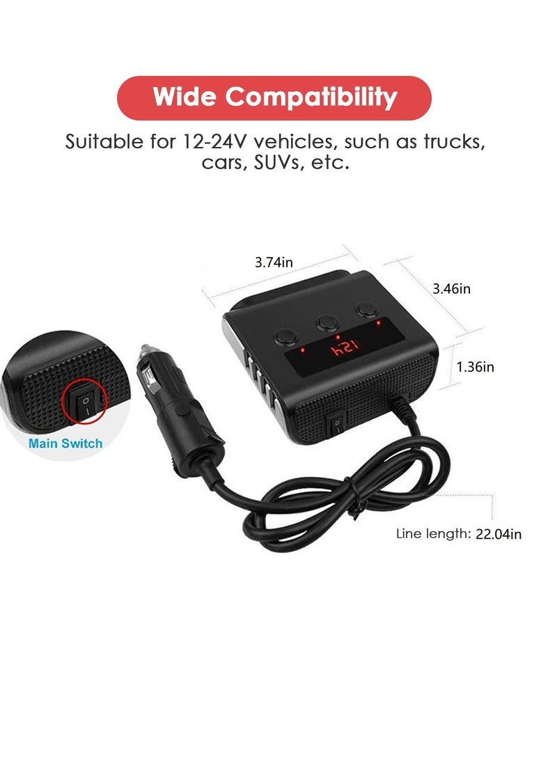 3 Socket Car Cigarette Lighter Adapter, 12V/24V 100W Splitter 3.1A 4 USB Port Charger with Separate Switch and LED Voltage Display for Mobile Phone
