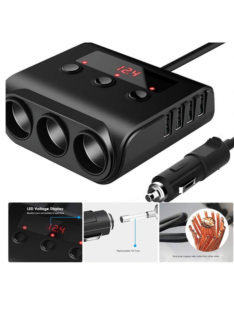 3 Socket Car Cigarette Lighter Adapter, 12V/24V 100W Splitter 3.1A 4 USB Port Charger with Separate Switch and LED Voltage Display for Mobile Phone