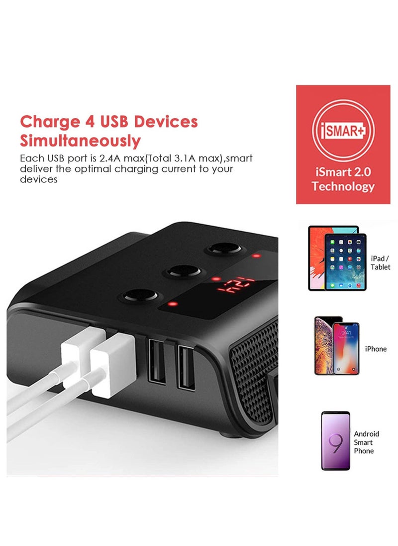3 Socket Car Cigarette Lighter Adapter, 12V/24V 100W Splitter 3.1A 4 USB Port Charger with Separate Switch and LED Voltage Display for Mobile Phone