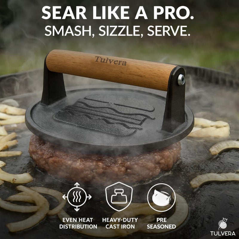 Tulvera Smash Burger Press | Cast Iron Hamburger Smasher Tool | Flat-Edge Meat Press for Hamburgers, Bacon, Outdoor Kitchen | Griddle & Grilling Accessories | Pre-Seasoned | 6.1â€ - Image 2