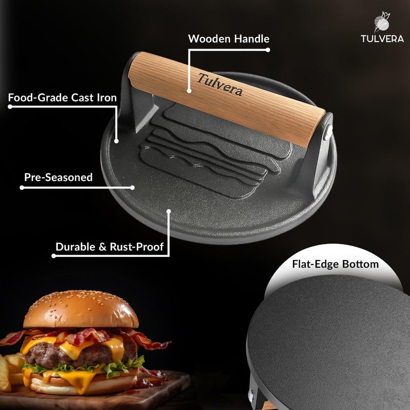 Tulvera Smash Burger Press | Cast Iron Hamburger Smasher Tool | Flat-Edge Meat Press for Hamburgers, Bacon, Outdoor Kitchen | Griddle & Grilling Accessories | Pre-Seasoned | 6.1â€ - Image 5