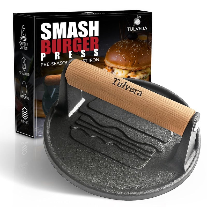 Tulvera Smash Burger Press | Cast Iron Hamburger Smasher Tool | Flat-Edge Meat Press for Hamburgers, Bacon, Outdoor Kitchen | Griddle & Grilling Accessories | Pre-Seasoned | 6.1â€ - Image 1