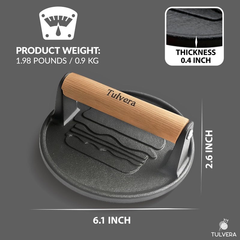 Tulvera Smash Burger Press | Cast Iron Hamburger Smasher Tool | Flat-Edge Meat Press for Hamburgers, Bacon, Outdoor Kitchen | Griddle & Grilling Accessories | Pre-Seasoned | 6.1â€ - Image 3