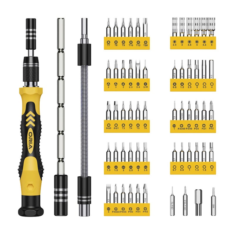 ORIA Small Screwdriver Set, 61 in 1 Precision Screwdriver Set with 57 Bits, Mini Screwdriver Repair Tools with Extension Rod for Mobile Phone, Game Console, Tablet, Yellow - Image 1