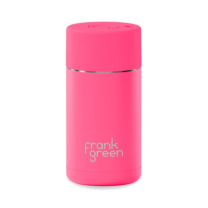 INSULATED TRAVEL MUG FOR COLD OR HOT DRINKS 355ML12OZ REUSABLE COFFEE CUP WITH PUSHBUTTON LID CERAMIC LINED TRIPLE WALL VACUUM NEON PINK