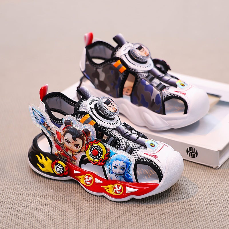 Boys And Girls Sandals With Lights Mesh Rotating Button Beach Shoes Toe Cartoon Breathable Soft Bottom - Image 3