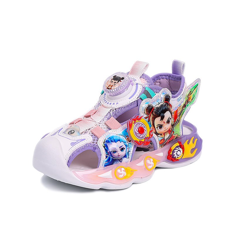 Boys And Girls Sandals With Lights Mesh Rotating Button Beach Shoes Toe Cartoon Breathable Soft Bottom - Image 1