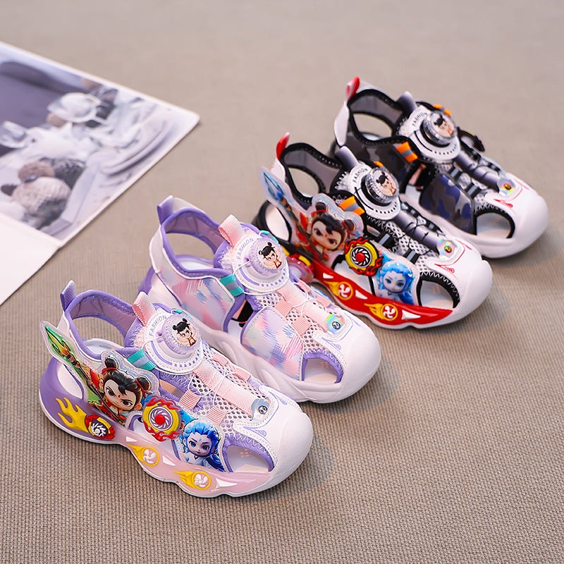 Boys And Girls Sandals With Lights Mesh Rotating Button Beach Shoes Toe Cartoon Breathable Soft Bottom - Image 2