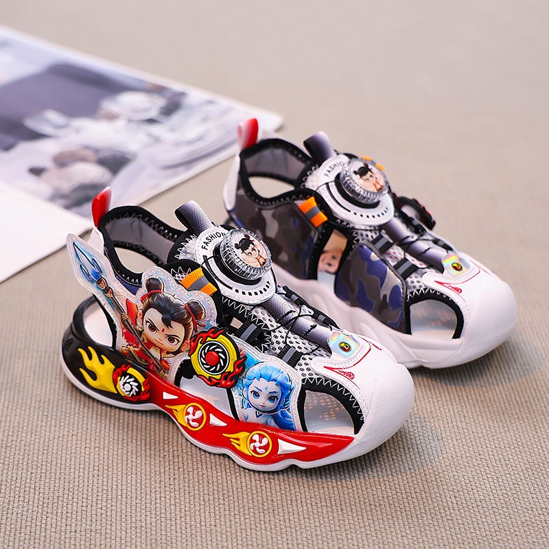 Boys And Girls Sandals With Lights Mesh Rotating Button Beach Shoes Toe Cartoon Breathable Soft Bottom - Image 5