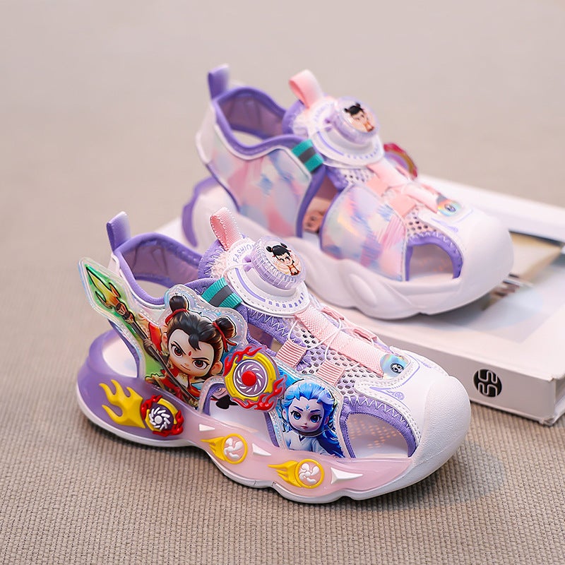 Boys And Girls Sandals With Lights Mesh Rotating Button Beach Shoes Toe Cartoon Breathable Soft Bottom - Image 4