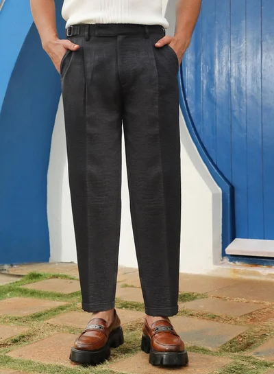 كامبوس سوترا Men's Charcoal Black Tailored Linen-Blend Trousers