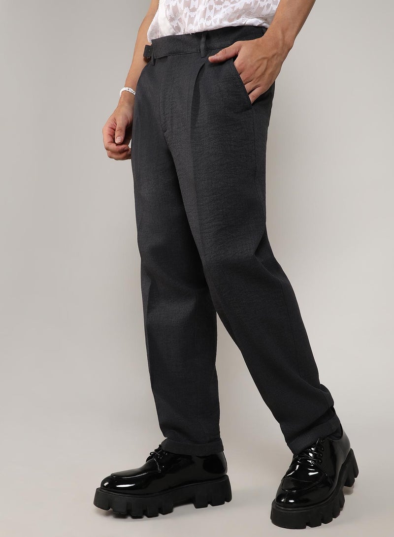 Campus Sutra Men's Charcoal Black Tailored Linen-Blend Trousers - Image 2