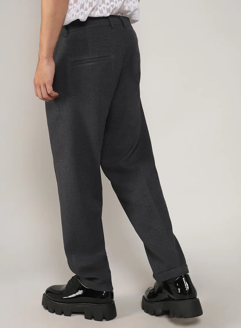 كامبوس سوترا Men's Charcoal Black Tailored Linen-Blend Trousers