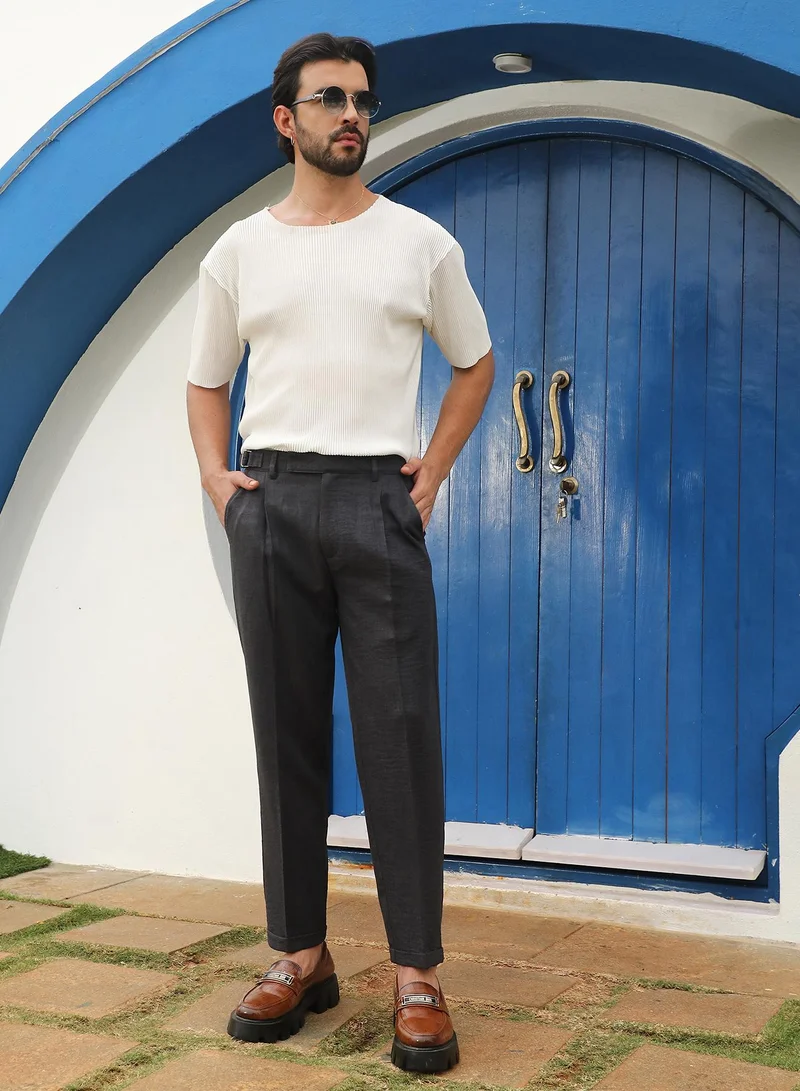 كامبوس سوترا Men's Charcoal Black Tailored Linen-Blend Trousers