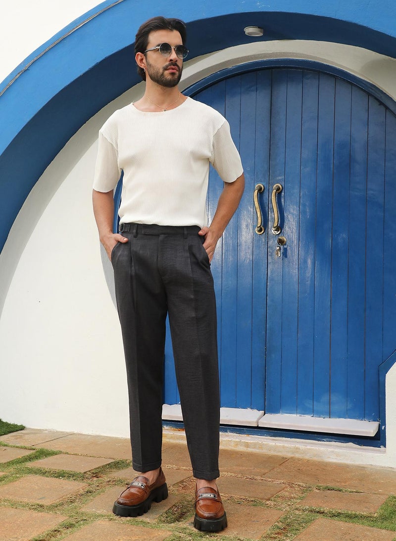 Campus Sutra Men's Charcoal Black Tailored Linen-Blend Trousers - Image 5