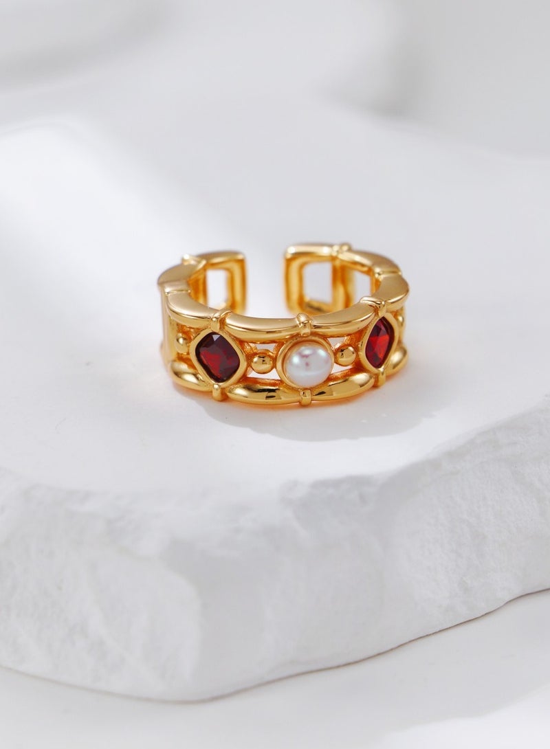 Saraia S925 Sterling Silver Vintage Gold-Plated Pearl and Red Zircon Ring - Unique Line Design - Image 3