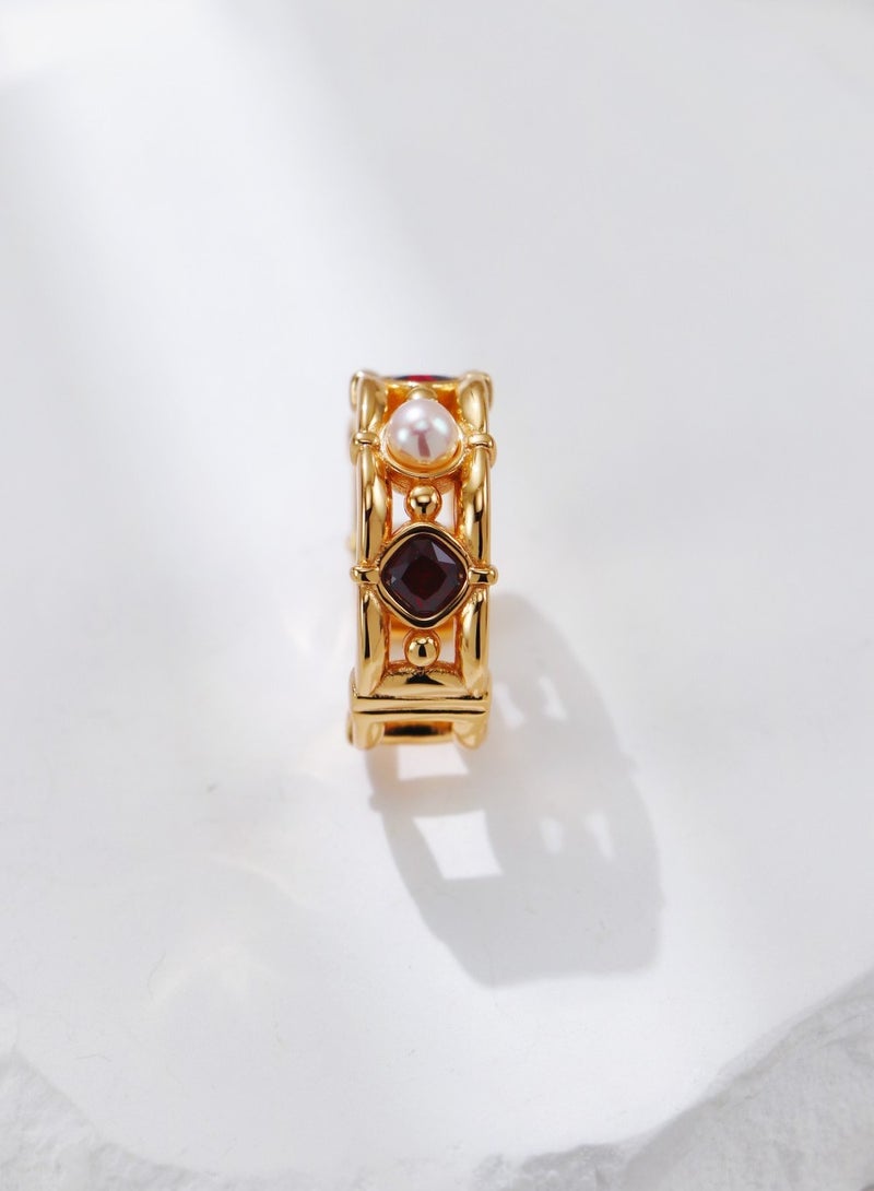 Saraia S925 Sterling Silver Vintage Gold-Plated Pearl and Red Zircon Ring - Unique Line Design - Image 5